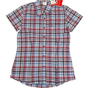 TYR Red Line Womens SS Plaid Button Down Shirt Stretch - Red Blue - Small - $63